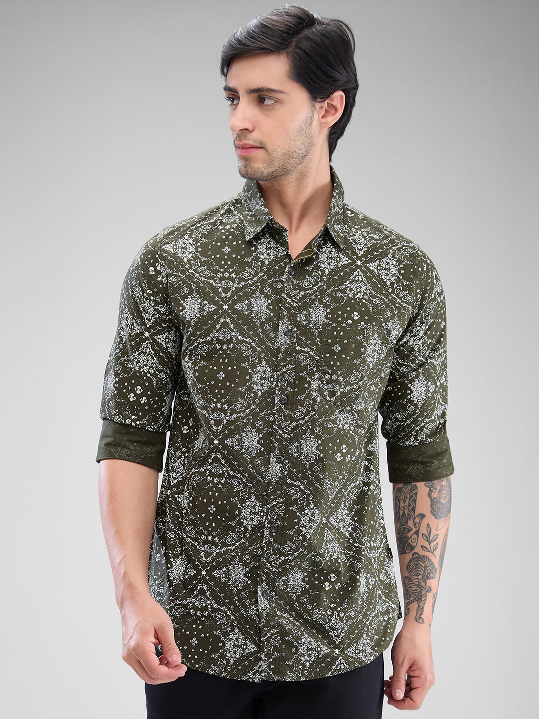 Men Shirt Green Raised Collar