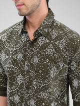 Men Shirt Green Raised Collar