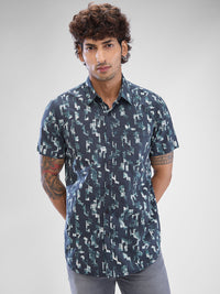 Men Shirt Print Black Slim Fit