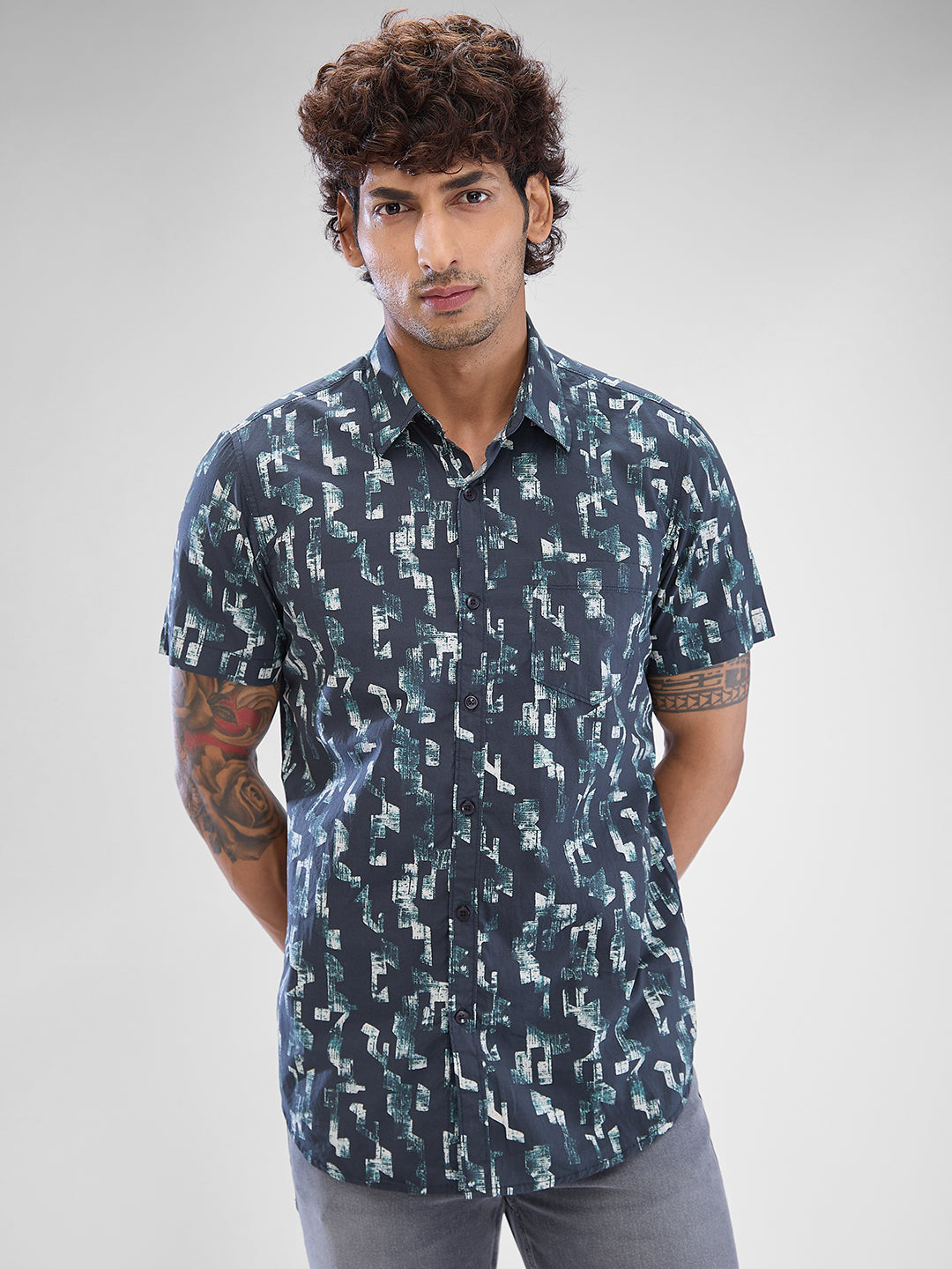 Men Shirt Print Black Slim Fit