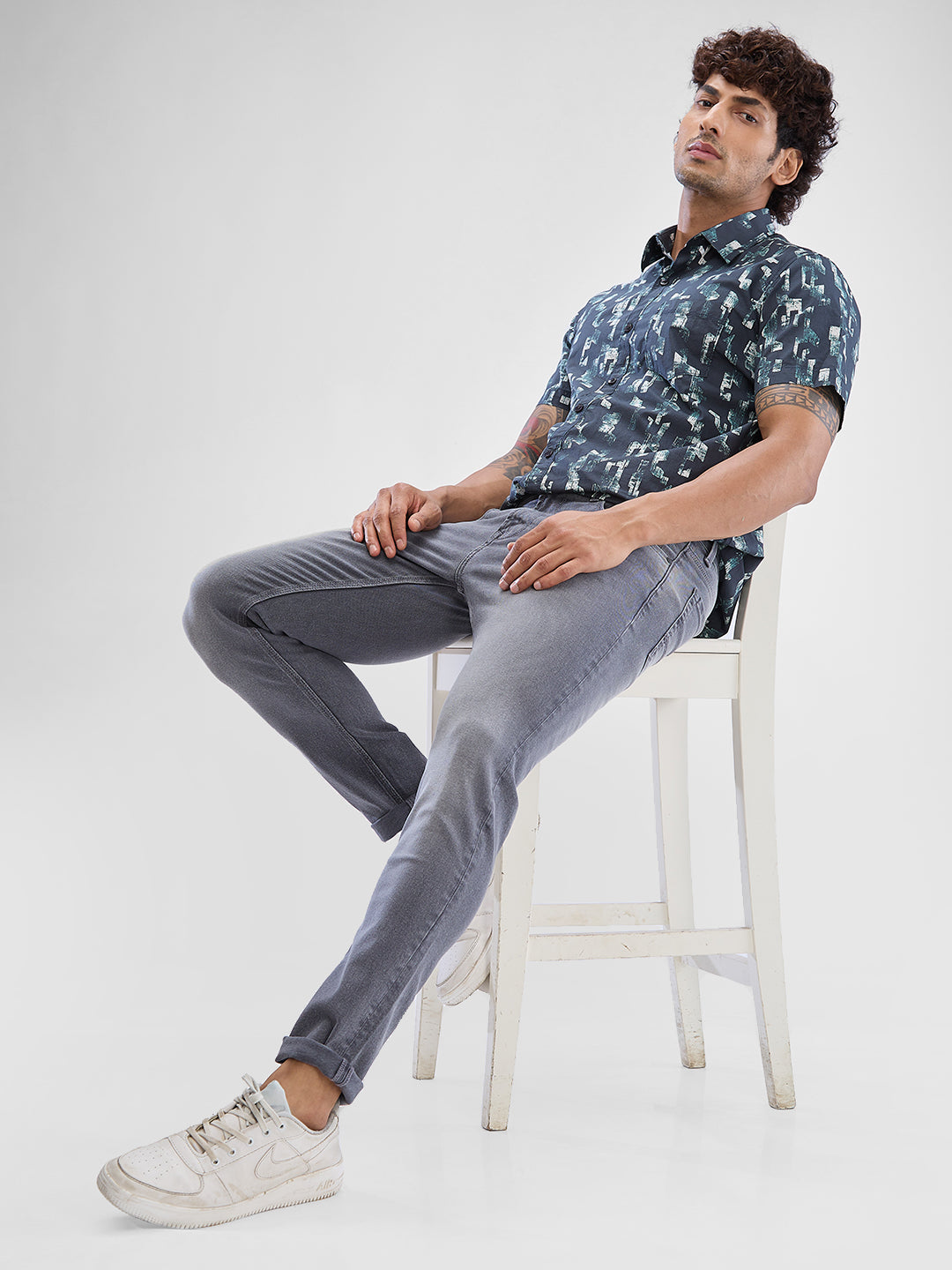 Men Shirt Print Black Slim Fit