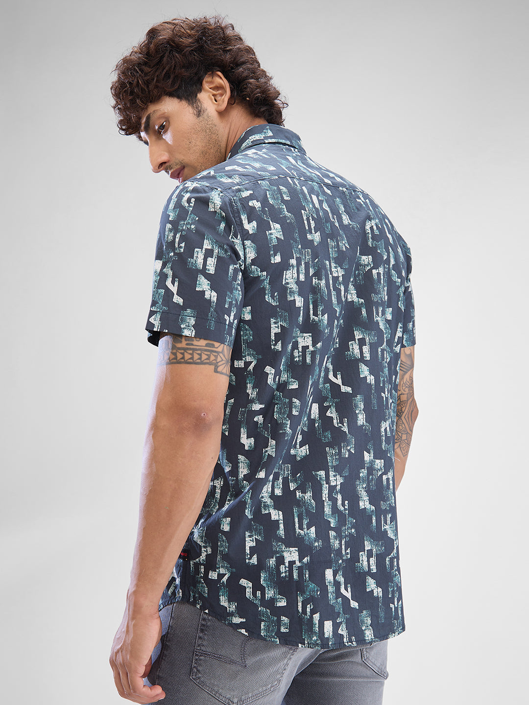 Men Shirt Print Black Slim Fit