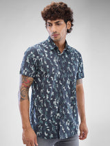 Men Shirt Print Black Slim Fit