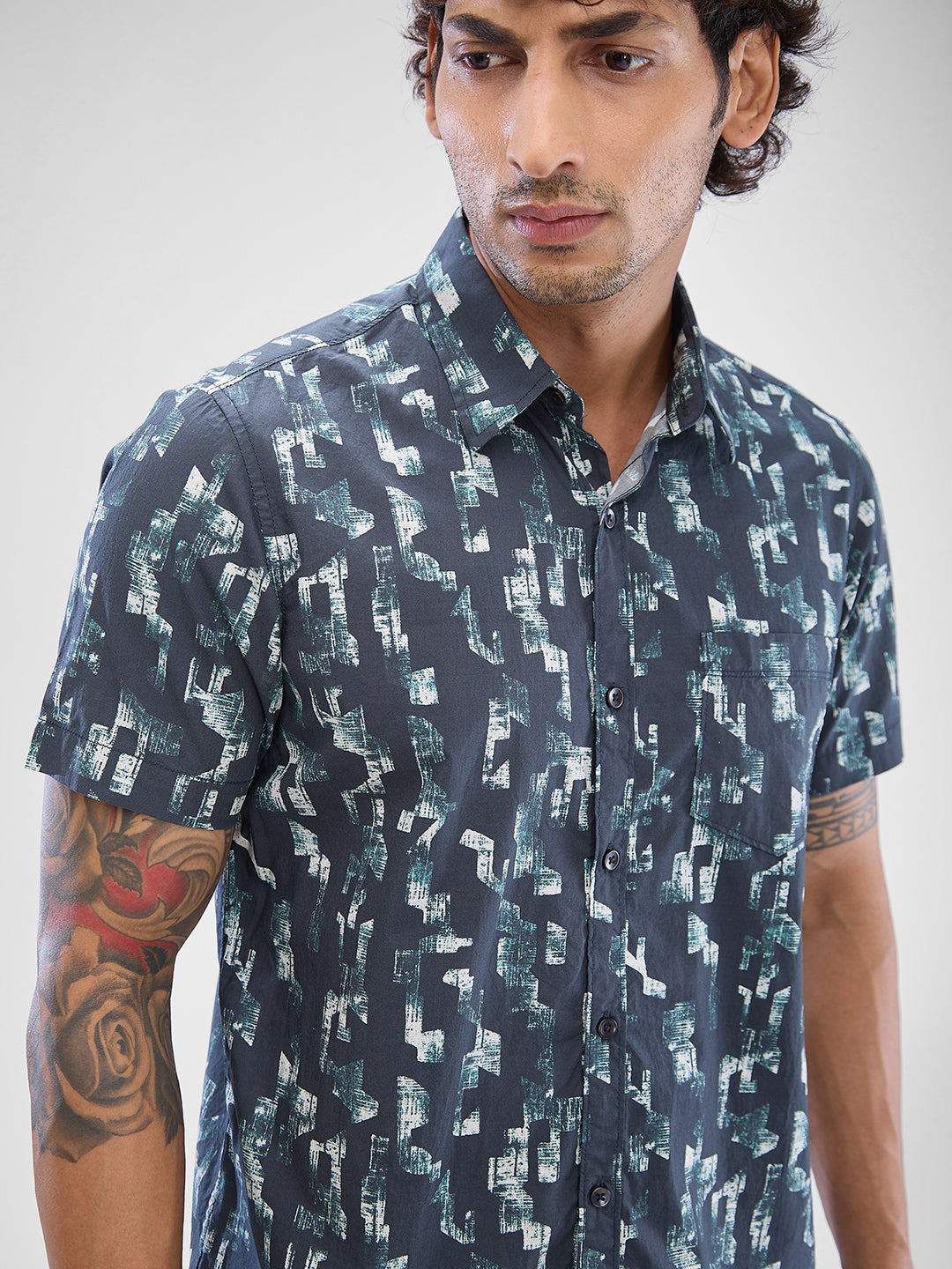 Men Shirt Print Black Slim Fit