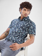 Men Shirt Print Black Slim Fit