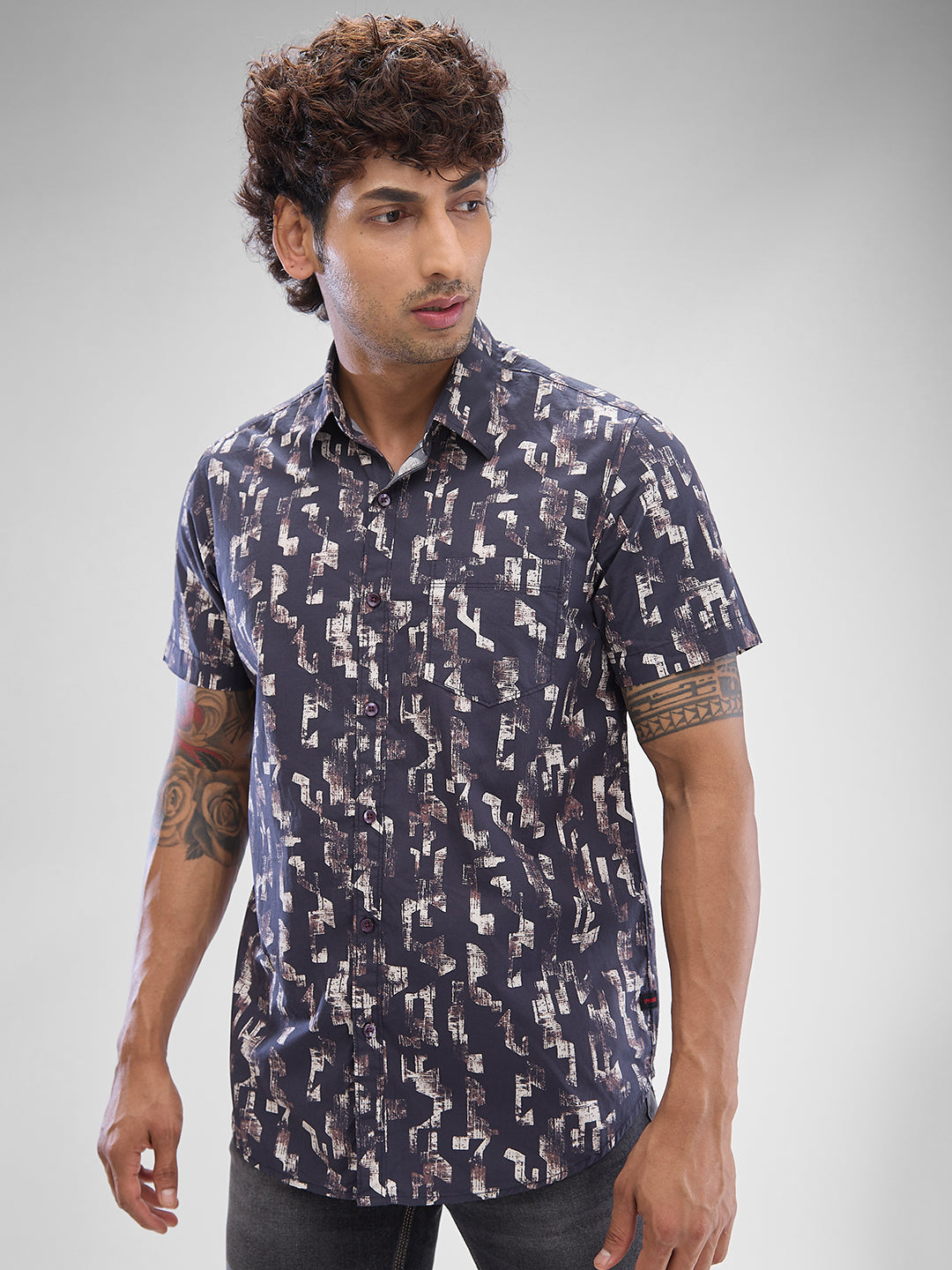 Men Shirt Print Red Slim Fit