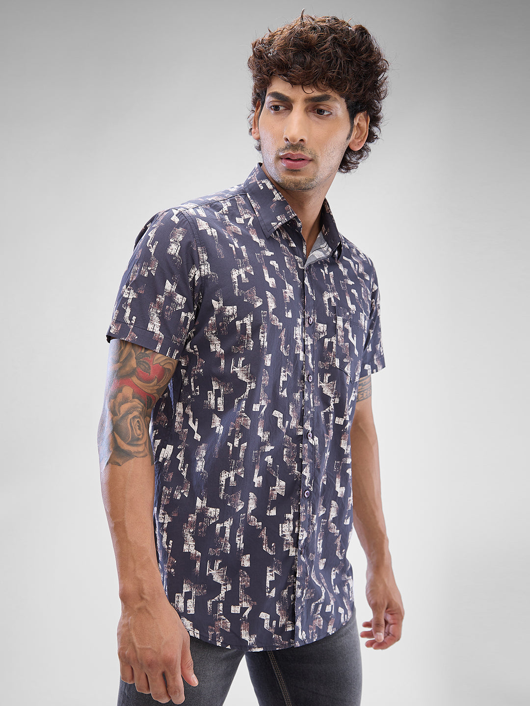 Men Shirt Print Red Slim Fit