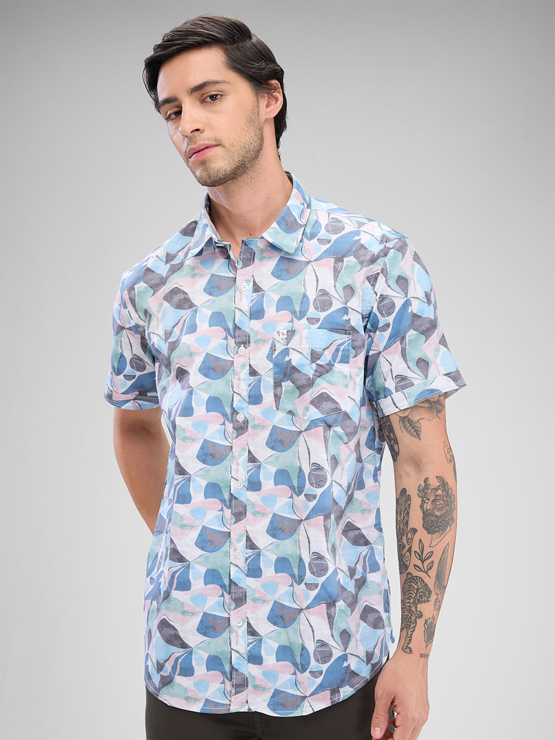 Men Shirt Print Blue Slim Fit