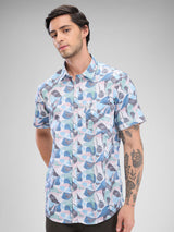 Men Shirt Print Blue Slim Fit