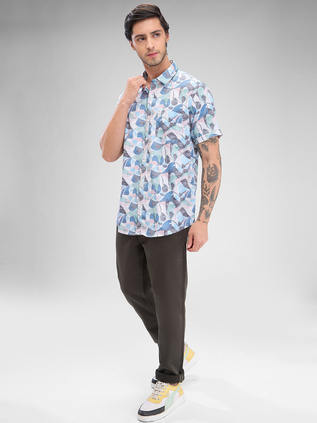 Men Shirt Print Blue Slim Fit