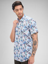 Men Shirt Print Blue Slim Fit