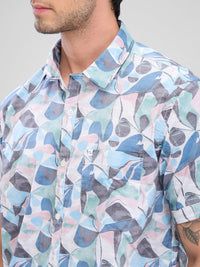 Men Shirt Print Blue Slim Fit