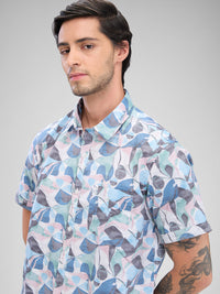 Men Shirt Print Blue Slim Fit