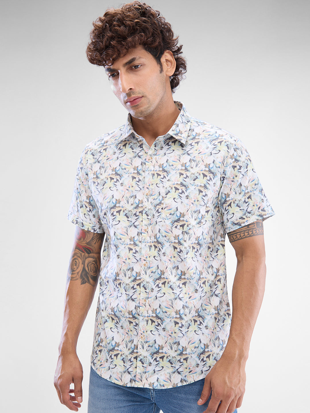 Men Shirt Print Grey Slim Fit