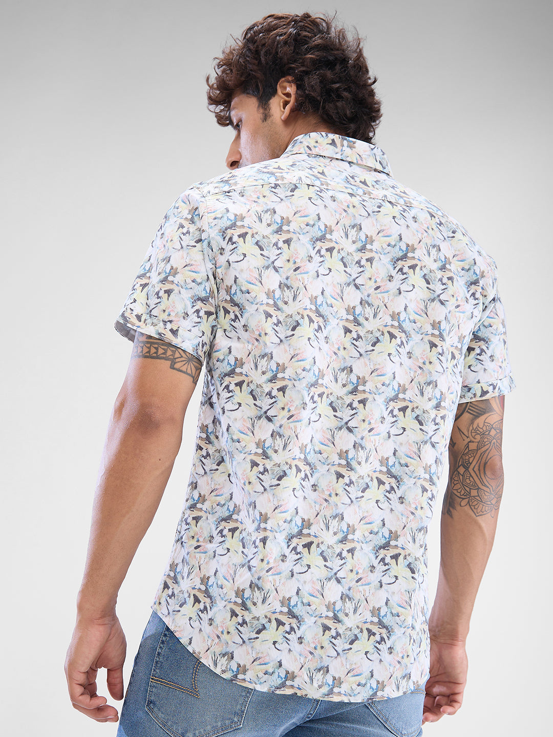 Men Shirt Print Grey Slim Fit