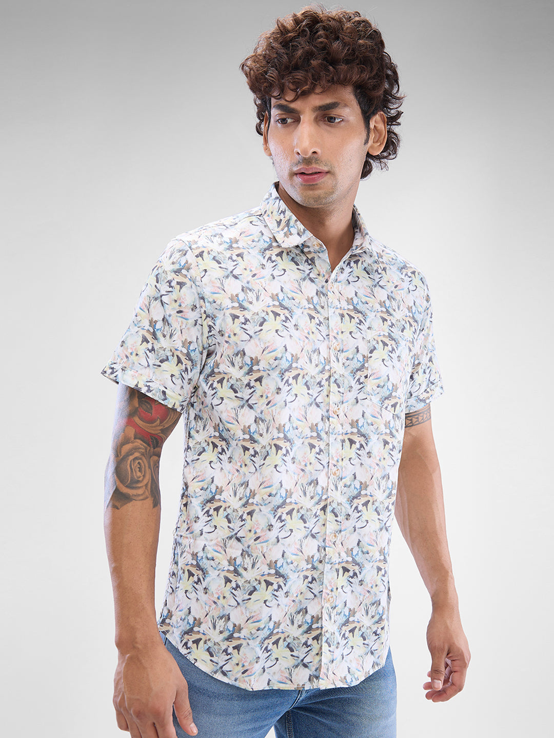 Men Shirt Print Grey Slim Fit