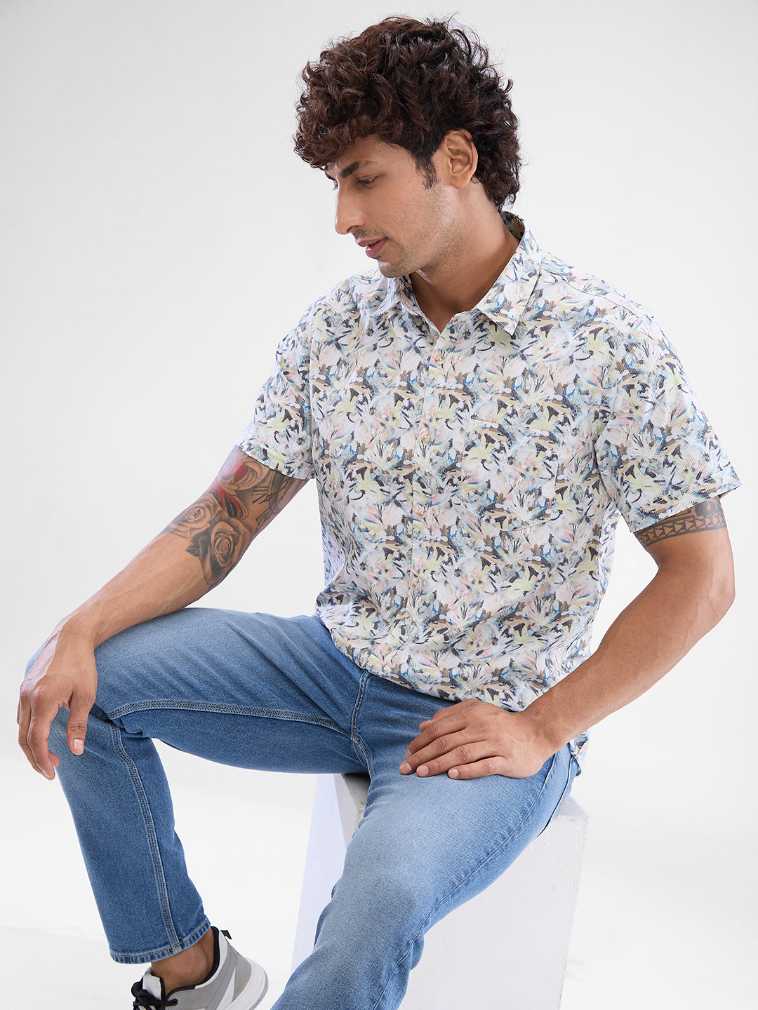 Men Shirt Print Grey Slim Fit