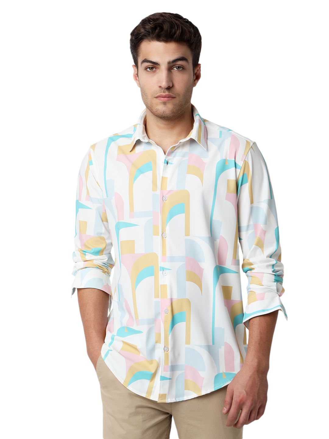Men Shirt Print White Slim Fit
