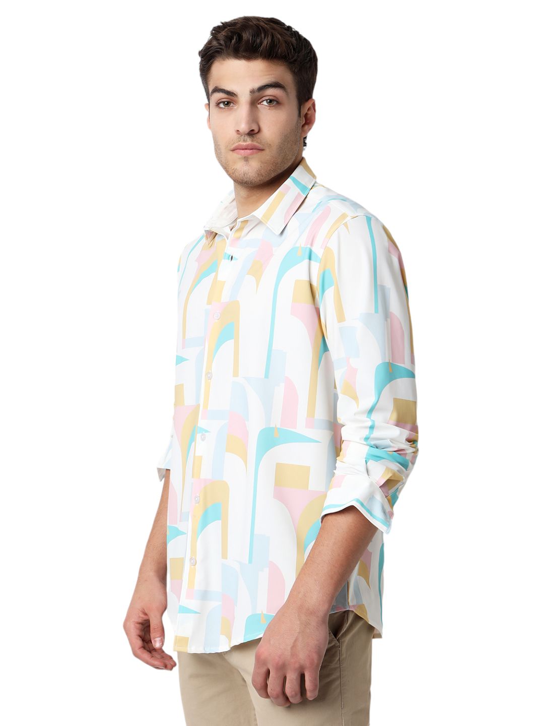 Men Shirt Print White Slim Fit