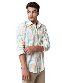 Men Shirt Print White Slim Fit