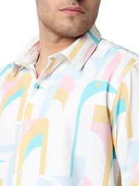 Men Shirt Print White Slim Fit