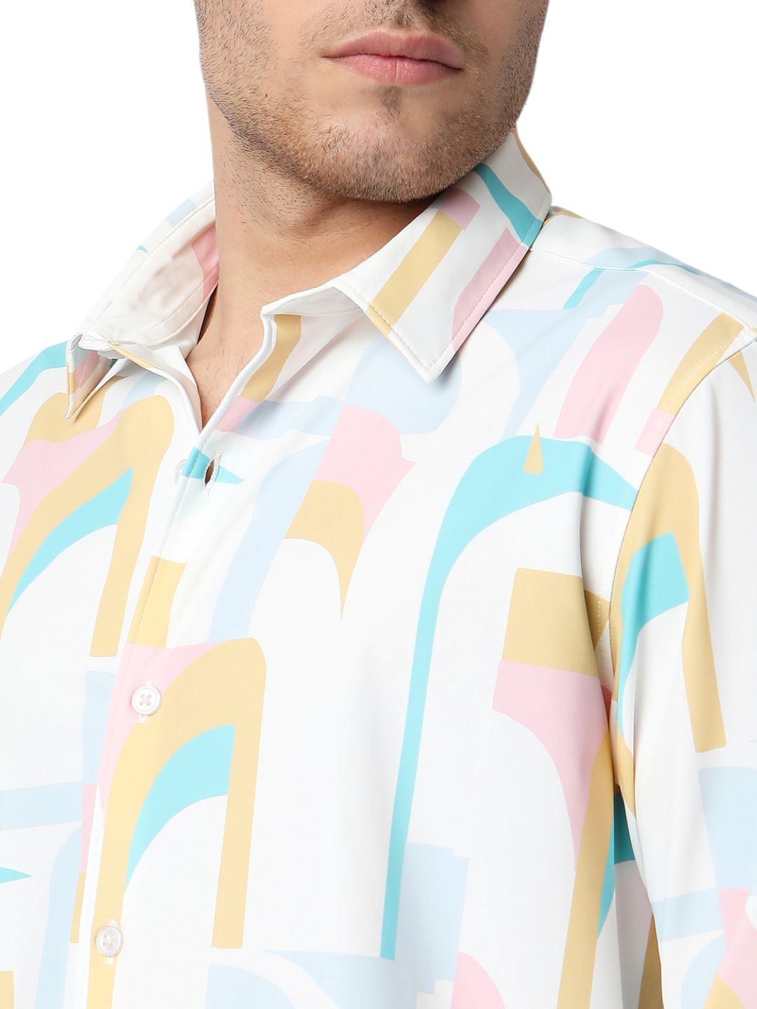 Men Shirt Print White Slim Fit
