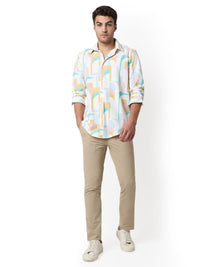 Men Shirt Print White Slim Fit