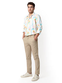 Men Shirt Print White Slim Fit