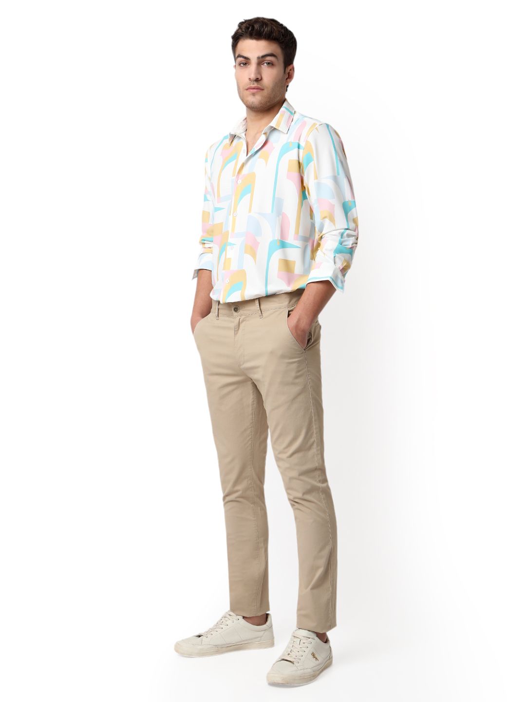 Men Shirt Print White Slim Fit