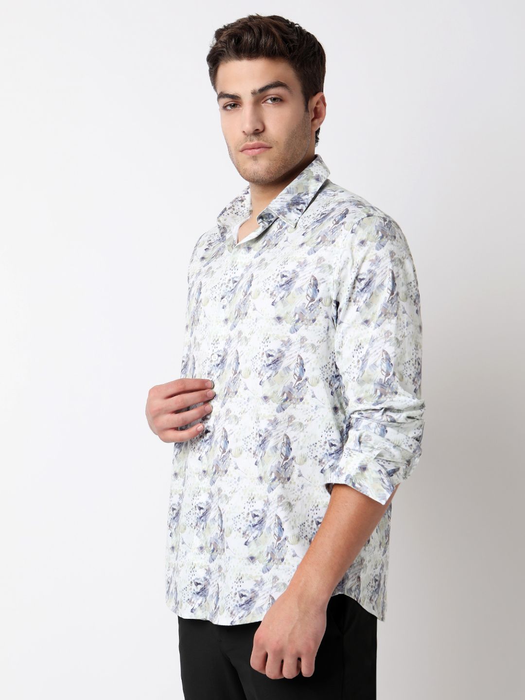 Men Shirt Print Moss Grey Slim Fit