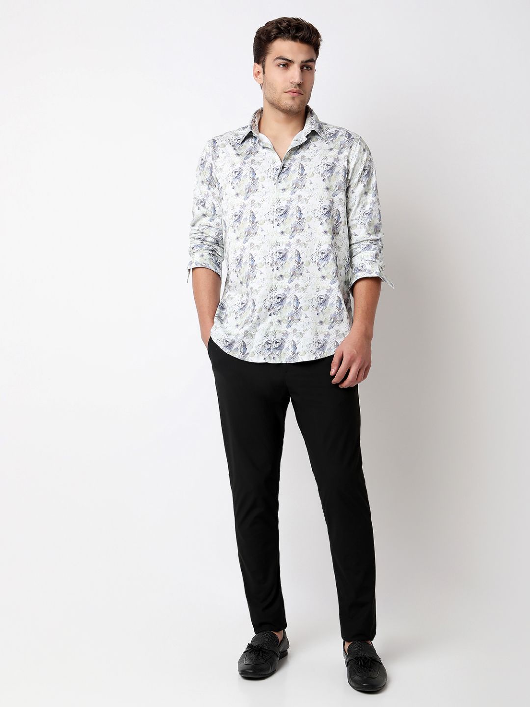 Men Shirt Print Moss Grey Slim Fit