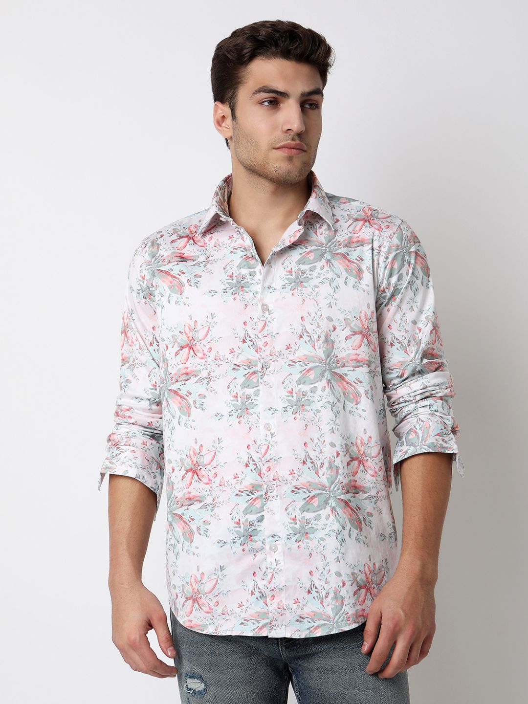 Men Shirt Print Pink Slim Fit