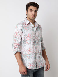 Men Shirt Print Pink Slim Fit