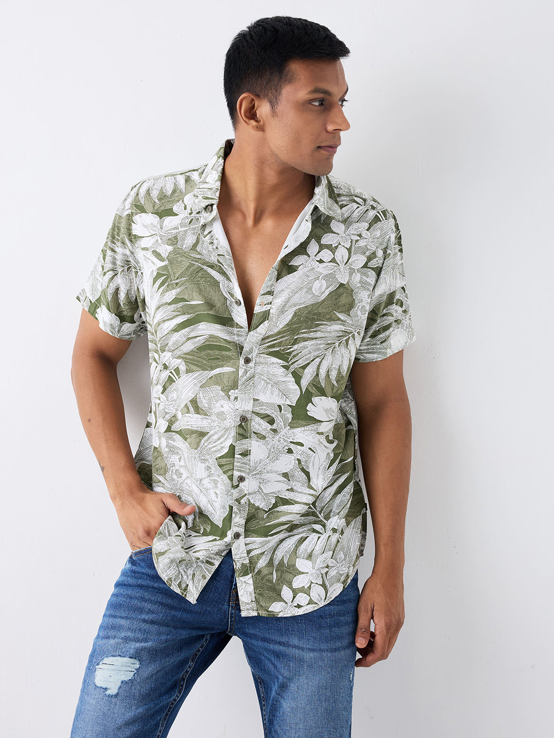 Spykar Military Green Slim Fit Casual Shirts For Men