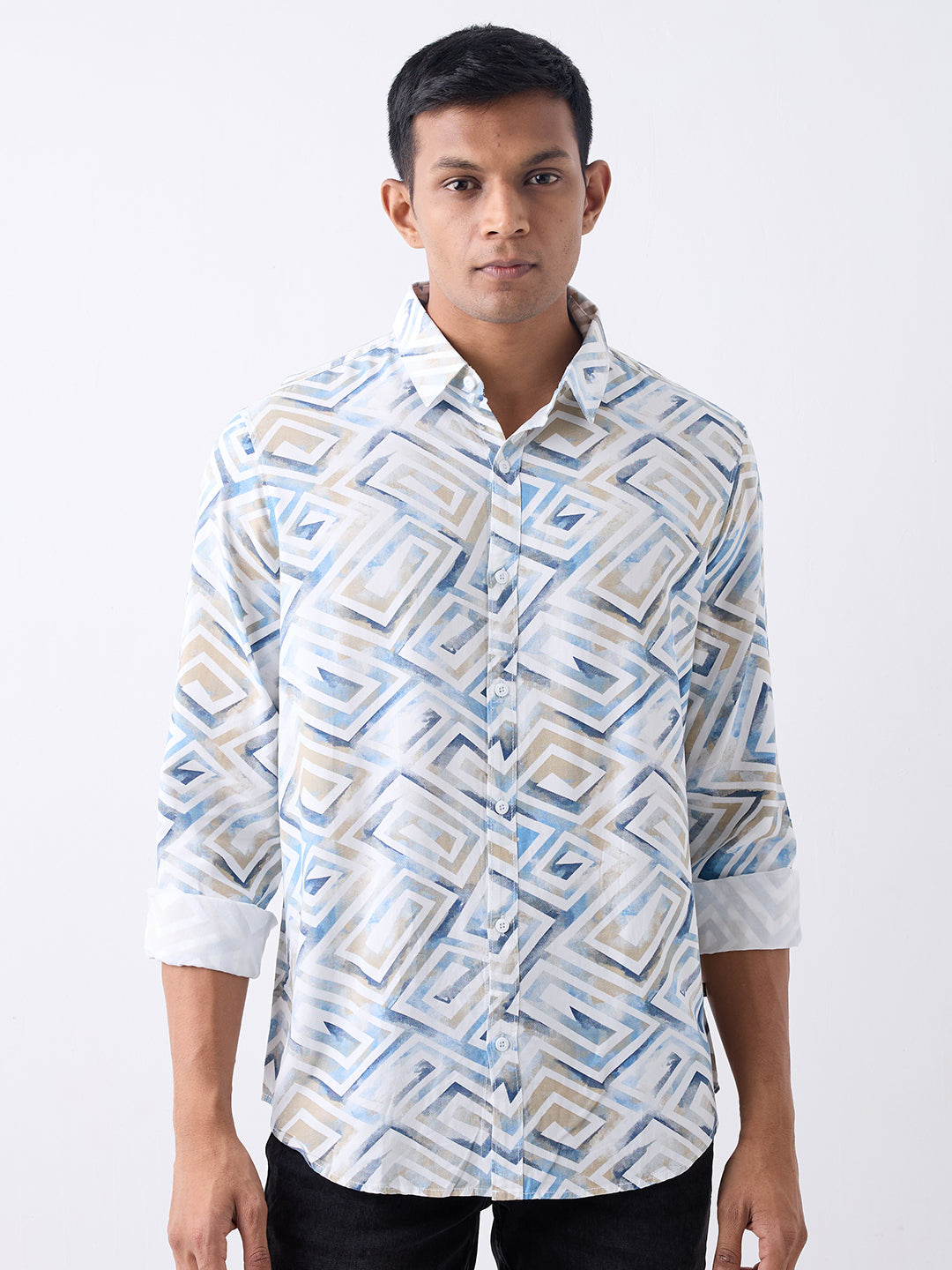 Men Shirt Print White Slim Fit