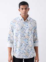 Men Shirt Print White Slim Fit