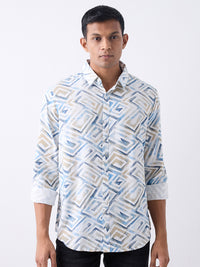 Men Shirt Print White Slim Fit