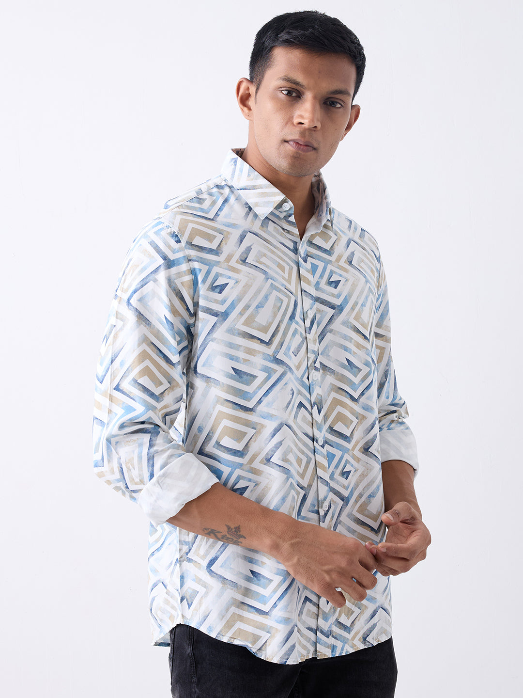 Men Shirt Print White Slim Fit