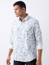 Men Shirt Print White Slim Fit