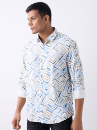 Men Shirt Print White Slim Fit