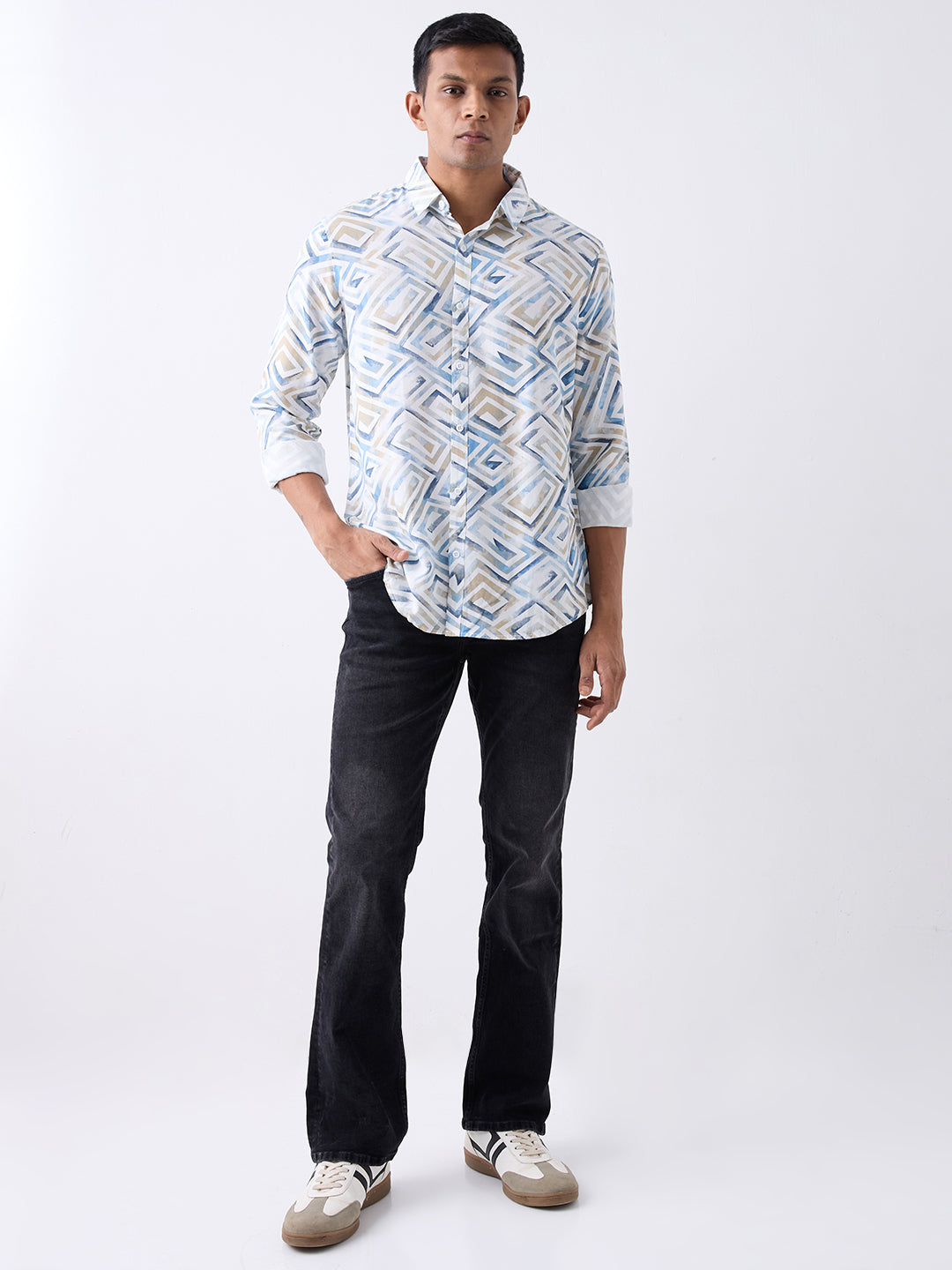 Men Shirt Print White Slim Fit