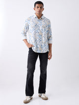 Men Shirt Print White Slim Fit