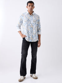 Men Shirt Print White Slim Fit