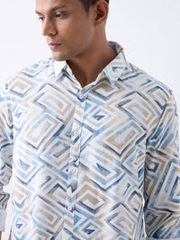 Men Shirt Print White Slim Fit