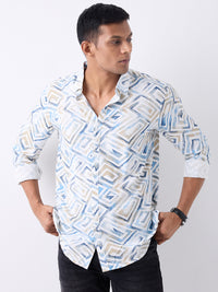 Men Shirt Print White Slim Fit