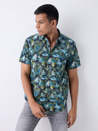 Men Shirt Print Navy Blue Slim Fit