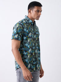 Men Shirt Print Navy Blue Slim Fit