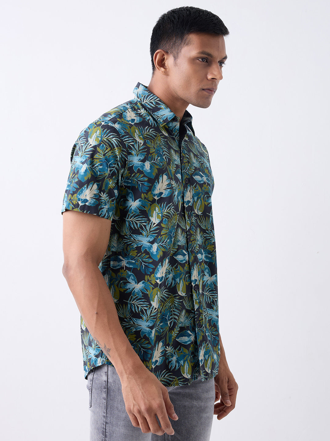 Men Shirt Print Navy Blue Slim Fit