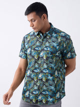Men Shirt Print Navy Blue Slim Fit