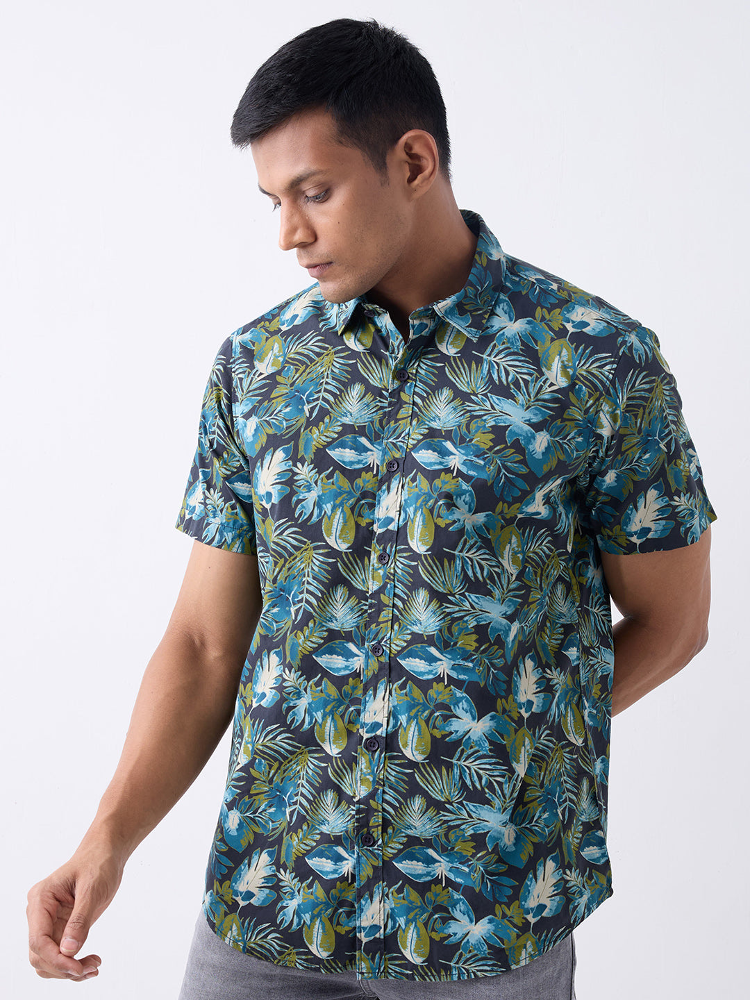 Men Shirt Print Navy Blue Slim Fit